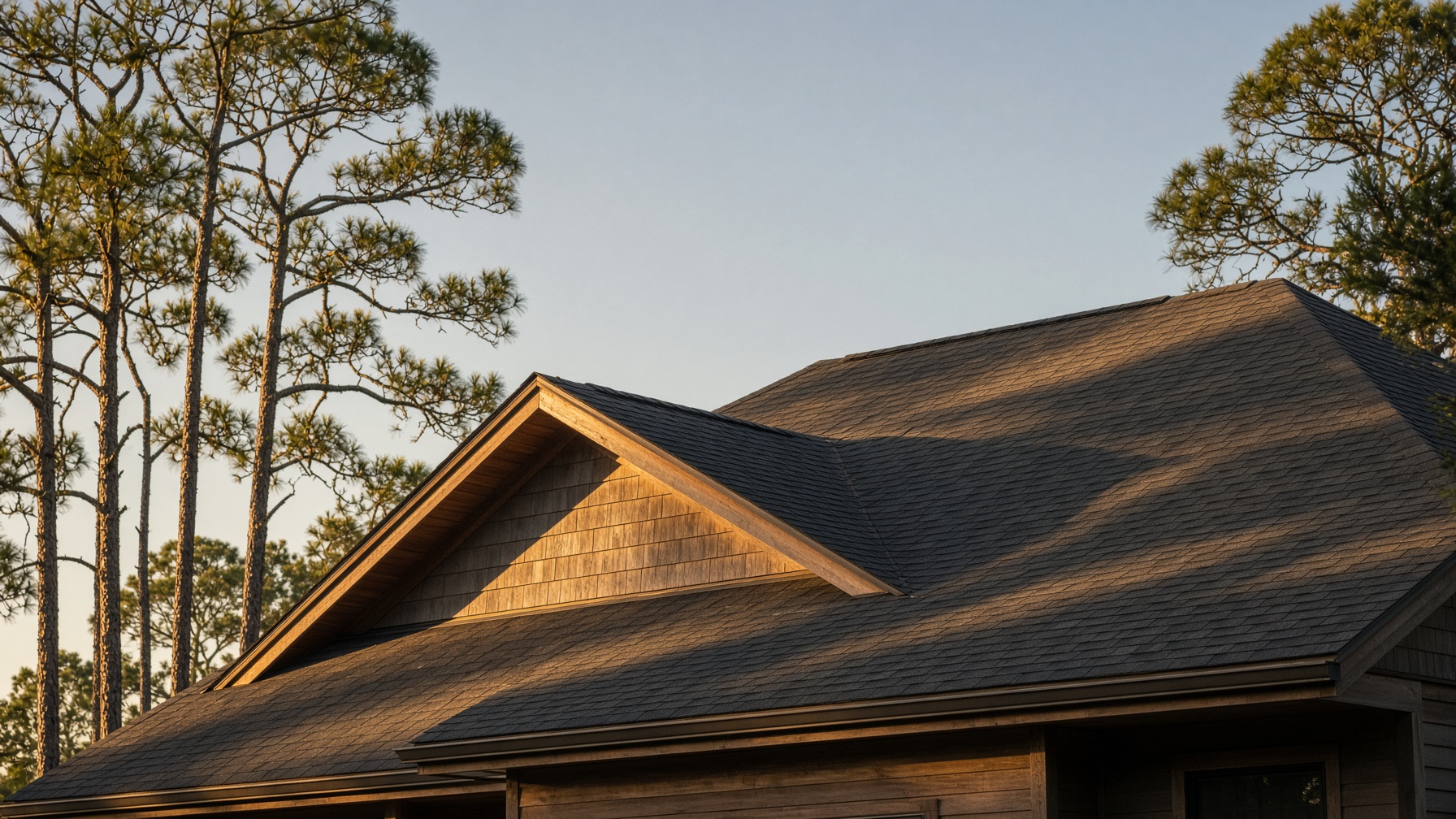 Architectural shingle roof at dusk